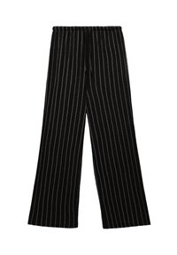 Schwarze weite Hosen mit vertikalen beigen Streifen, strukturierter Stoff, elastischer Bund und Kordelzug für eine verstellbare Passform.