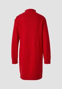 Rode gebreide sweaterjurk met een hoge kraag, geribde manchetten en zoom. Bevat knoopaccenten op de schouder en biedt een ontspannen pasvorm.