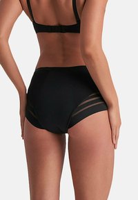 Zwarte high-waisted onderbroek met doorschijnende paneelaccenten aan de zijkanten, met een gladde textuur en een verstelbare tailleband.