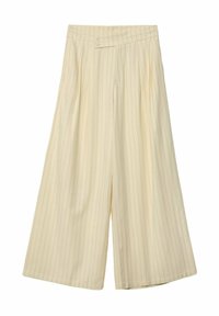 Krémové široké kalhoty s vertikálními proužky, vybavené vysokým pasem se dvěma knoflíky a hladkou, lehkou texturou látky.