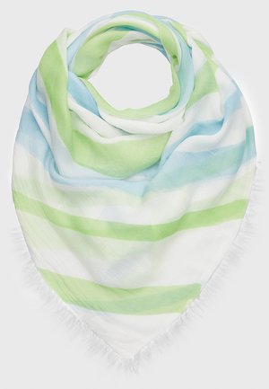 Soft scarf with diagonal light green, blue, and white stripes, folded in a triangular shape with fringed edges on a white background.