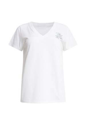 White cotton t-shirt with a v-neckline and short sleeves; features light blue floral embroidery on the left chest area.