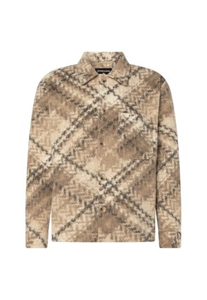 Giacca camicia con bottoni e maniche lunghe in beige, marrone e grigio con motivo scozzese sfocato e taschino sul petto sul lato sinistro.