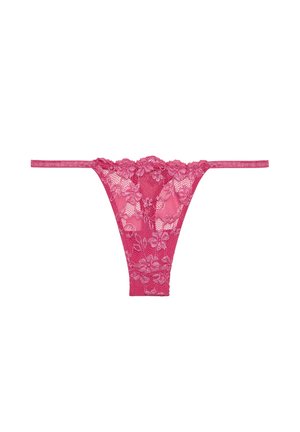 Pink lace thong with floral pattern, thin side straps, and semi-sheer texture, featuring a delicate design and detailed edges.