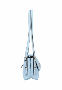 Borsa a tracolla in pelle blu chiaro con doppi manici, hardware in argento e accenti neri a contrasto. Forma arrotondata con un design strutturato.