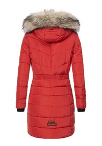 Red padded coat with a faux fur hood, cinched waist, featuring quilted texture and black knit cuffs. Branding on the lower hem.