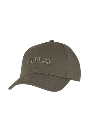 Cappellino da baseball verde oliva con visiera curva e "REPLAY" ricamato sul davanti con filo abbinato.