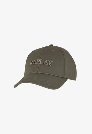 Cappellino da baseball verde oliva con visiera curva e "REPLAY" ricamato sul davanti con filo abbinato.