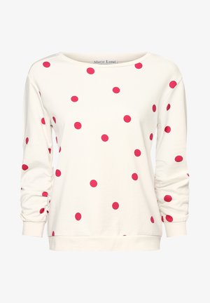 Biała koszula z długim rękawem w czerwone kropki, z marszczonymi rękawami i okrągłym dekoltem.