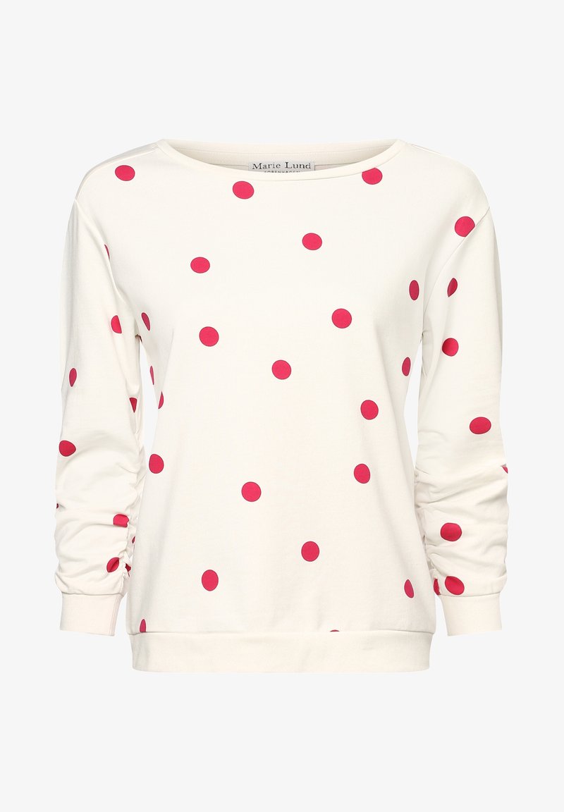 Camisa blanca de manga larga con lunares rojos, mangas fruncidas y escote redondo.