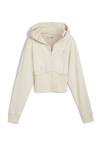 Beige cropped hoodie met rits, gemaakt van zachte stof, voorzien van een kap, lange mouwen en een zilveren logo op de linkerkant van de borst. Gevlochten afwerking.