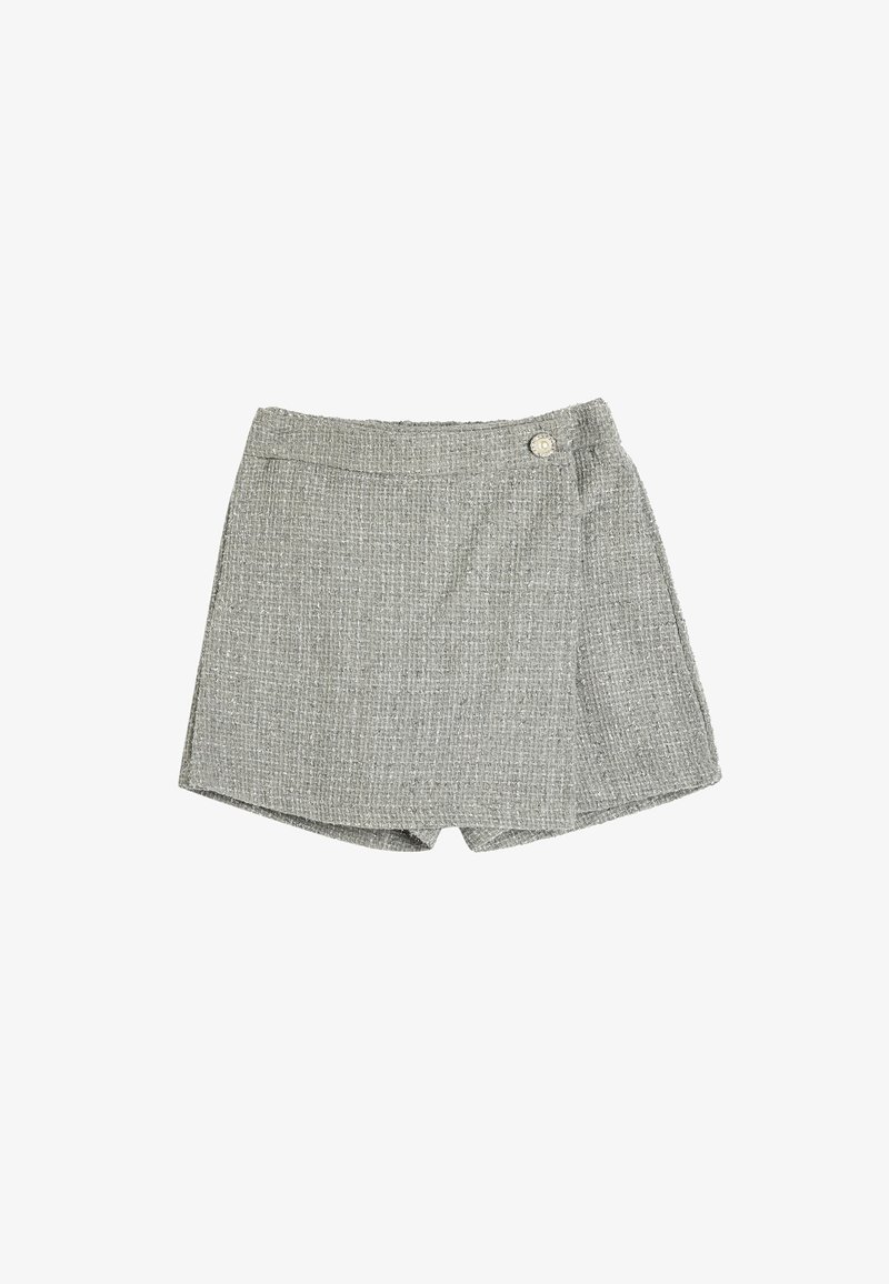 Harmaat rakenteelliset shortsit, joissa on kudottu kuvio, sivunappi suljin, sileä vyötärö ja rento istuvuus.