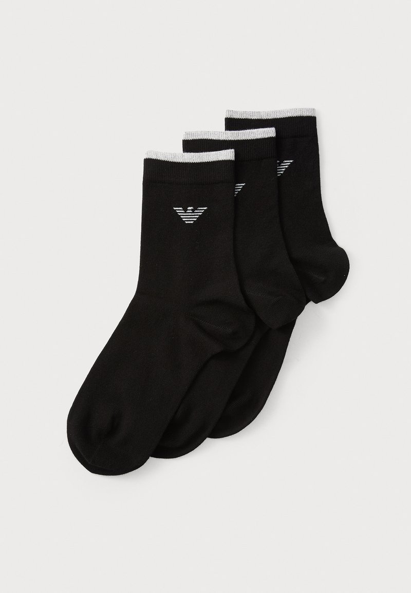 Black cotton socks in a pack of three, featuring a white ribbed top and a small gray logo with chevron design on the sides.
