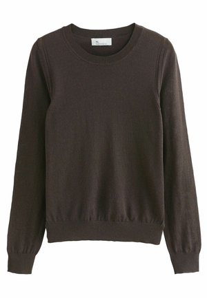 Brown knitted sweater with a crew neck, long sleeves, and ribbed cuffs and hem. Simple design with smooth texture and no visible patterns.