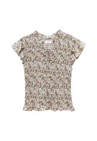 Blusa floreale con maniche corte a volant, caratterizzata da tonalità di verde, rosa e marrone. Tessuto strutturato con dettagli arricciati in vita.