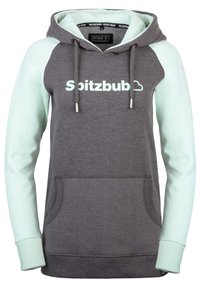 Grauer Hoodie mit mintgrünen Ärmeln, Kordelzügen und Akzenten. Mit Fronttasche und dem Text "Spitzbub" in Weiß. Aus weichem Baumwollmaterial.