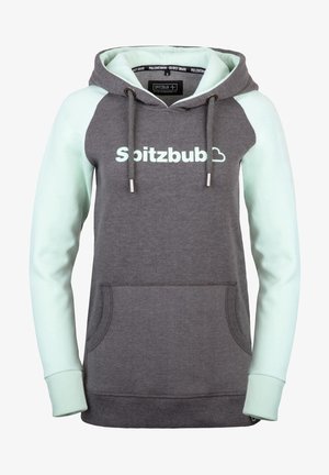 Grijze hoodie met mintgroene mouwen, koordjes en accenten. Heeft een voorkatoen en de tekst "Spitzbub" in het wit. Zachte katoenen stof.