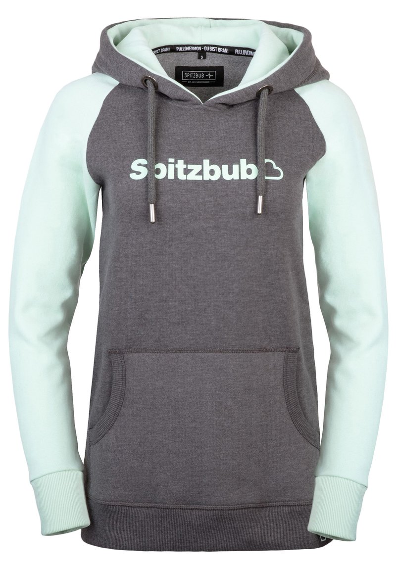 Grauer Hoodie mit mintgrünen Ärmeln, Kordelzügen und Akzenten. Mit Fronttasche und dem Text "Spitzbub" in Weiß. Aus weichem Baumwollmaterial.