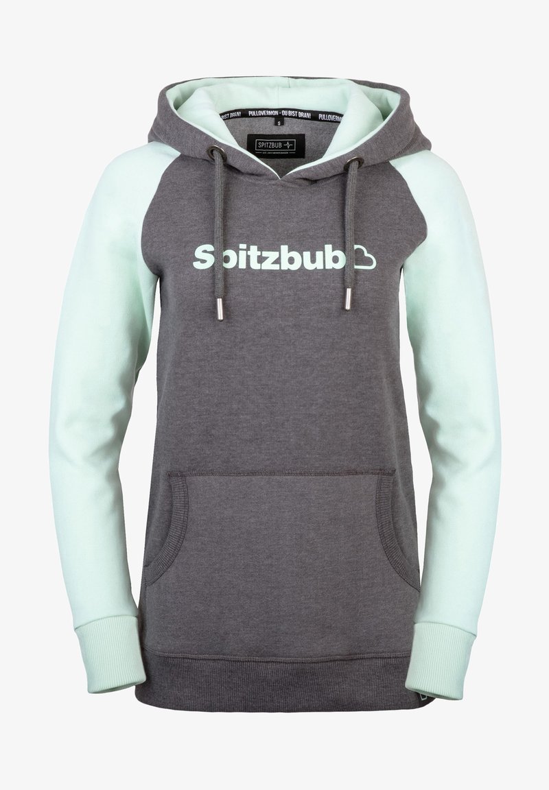Grijze hoodie met mintgroene mouwen, koordjes en accenten. Heeft een voorkatoen en de tekst "Spitzbub" in het wit. Zachte katoenen stof.