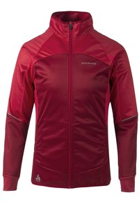 Röd sportjacka gjord av ett mjukt och lätt material. Har en hög krage, dragkedjestängning, reflexdetaljer och texturerade paneler.