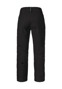 Schwarze wasserdichte Skihosen mit einem anpassenden Design, das einen grünen Akzent am Bund und ein dezentes Logo am linken Bein aufweist.