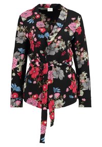 Černá květinová zavinovací košile s živými růžovými, modrými a šedými květy, se zavazováním v pase a dlouhými rukávy. Hladká textura látky.