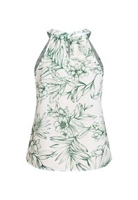 Top sin mangas blanco con un patrón de flores y hojas verdes, que presenta un cuello alto y un detalle de lazo en la parte posterior. Textura de tela suave.