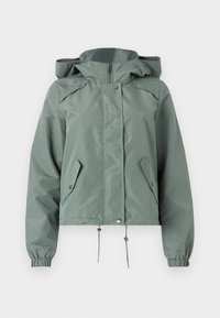 Grüne wasserabweisende Jacke mit Kapuze, Reißverschluss, Druckknöpfen und elastischen Bündchen. Verfügt über Seitentaschen und einen verstellbaren Kordelzugsaum.