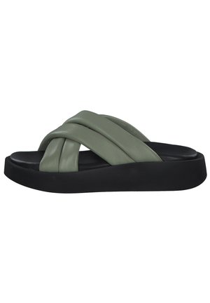 Green leather cross-band slide sandal with a black rubber sole, featuring a smooth texture and a lightly elevated, contoured footbed.