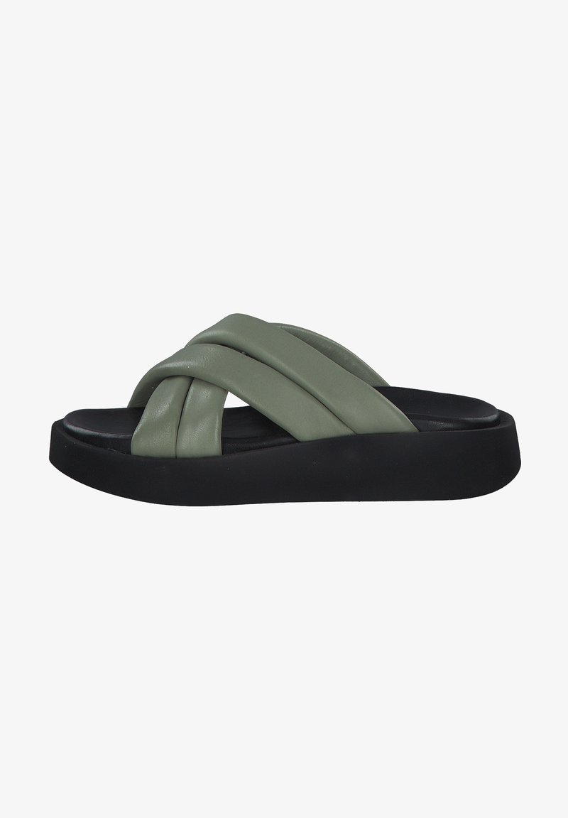 Green leather cross-band slide sandal with a black rubber sole, featuring a smooth texture and a lightly elevated, contoured footbed.