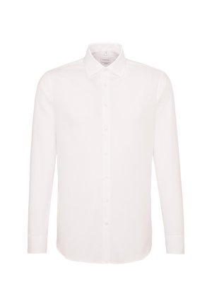 Weißes Hemd mit langen Ärmeln, durchgehender Knopfleiste und klassischem Kragen, dargestellt vor einfachem weißem Hintergrund.