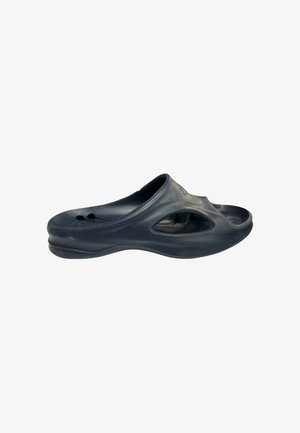 Sandalo singolo nero slip-on con lati aperti e soletta sagomata, progettato per un uso casual e adatto all'acqua.