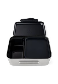 Stainless steel lunchbox with a silver exterior, black interior, and a removable compartment for separation. Features a hinged lid.