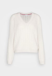 Cremfarbener Strickpullover mit V-Ausschnitt, langen Ärmeln und einem strukturierten Kabelmuster. Mit gerippten Bündchen und Saum.