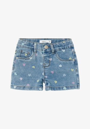 Denim shorts met een lichte wassing, voorzien van een hartprint in pastelkleuren, vier zakken en een centrale knoopsluiting.