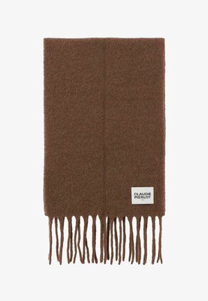 Sciarpa di lana marrone con frange, dotata di un'etichetta laterale che riporta la scritta "CLAUDIE PIERLOT". Texture morbida, colore uniforme e design pulito.