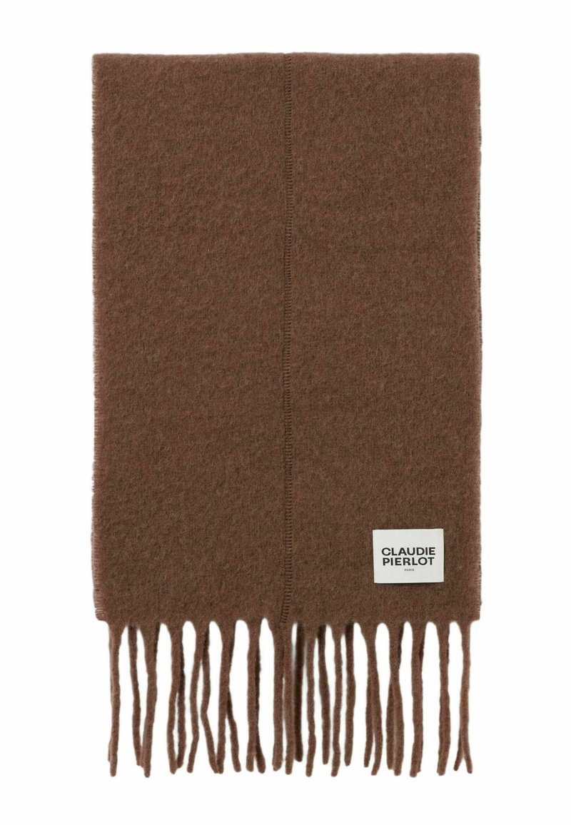 Sciarpa di lana marrone con frange, dotata di un'etichetta laterale che riporta la scritta "CLAUDIE PIERLOT". Texture morbida, colore uniforme e design pulito.