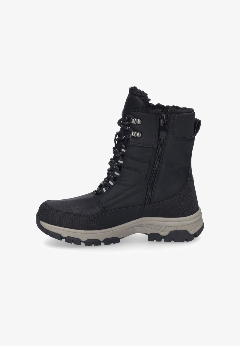Black winter boot with a textured surface, zip closure, and laces. Features a plush lining and sturdy rubber sole for traction.