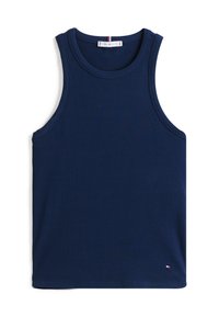 Camiseta sin mangas de canalé en azul marino con cuello redondo. Presenta un pequeño logo en la esquina inferior derecha.