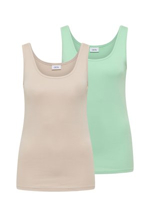 Deux débardeurs pour femmes sans manches avec encolures dégagées, un beige et un vert menthe, présentés côte à côte sur un fond blanc.