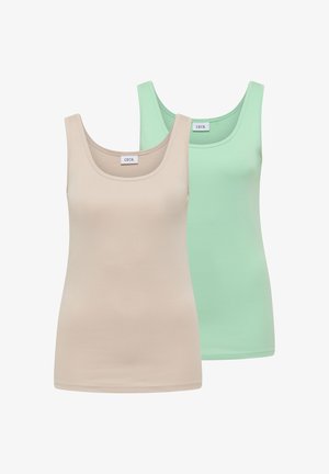 Due canotte da donna senza maniche con scollature arrotondate, una beige e una verde menta, esposte affiancate su uno sfondo bianco.