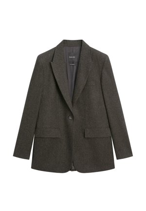Blazer di lana grigio scuro con revers a punta, chiusura con un solo bottone e due tasche frontali. Tessuto liscio e vestibilità su misura per un aspetto strutturato.