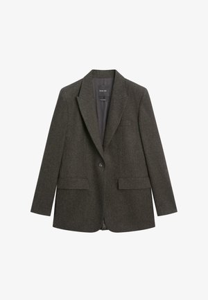 Ciemnoszara wełniana marynarka z wykładanym kołnierzem, jednoprzewodowym zapięciem na guzik oraz dwiema przednimi kieszeniami. Gładka tekstura i dopasowany krój zapewniają elegancki wygląd.