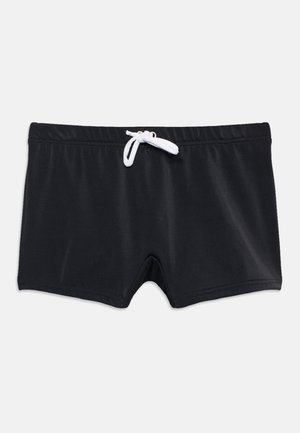 Zwarte zwemshorts voor heren met een witte trekkoord bij de elastische tailleband, plat weergegeven tegen een effen achtergrond.