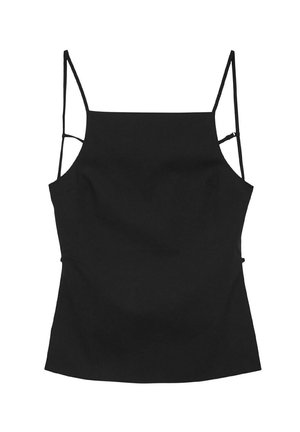 Top nero senza maniche con spalline sottili, scollatura dritta, design aderente e tessuto morbido. Nessun motivo o decorazione visibili.
