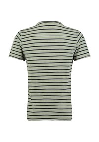 Camiseta de rayas verdes con mangas cortas, escote redondo y rayas horizontales en color marino sobre una tela suave. Vista trasera mostrada.