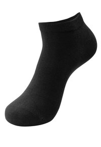Schwarze Knöchel-Socke aus einem glatten, dehnbaren Material. Verfügt über einen gerippten Bündchen und ein abgerundetes Zehendesign. Schlichte, einfarbige Ausführung ohne Muster.