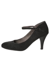 Zapato de tacón negro de ante con punta redonda, tiras delgadas a lo largo del empeine y un tacón cónico de 3 pulgadas. Textura lisa y sin patrones visibles.