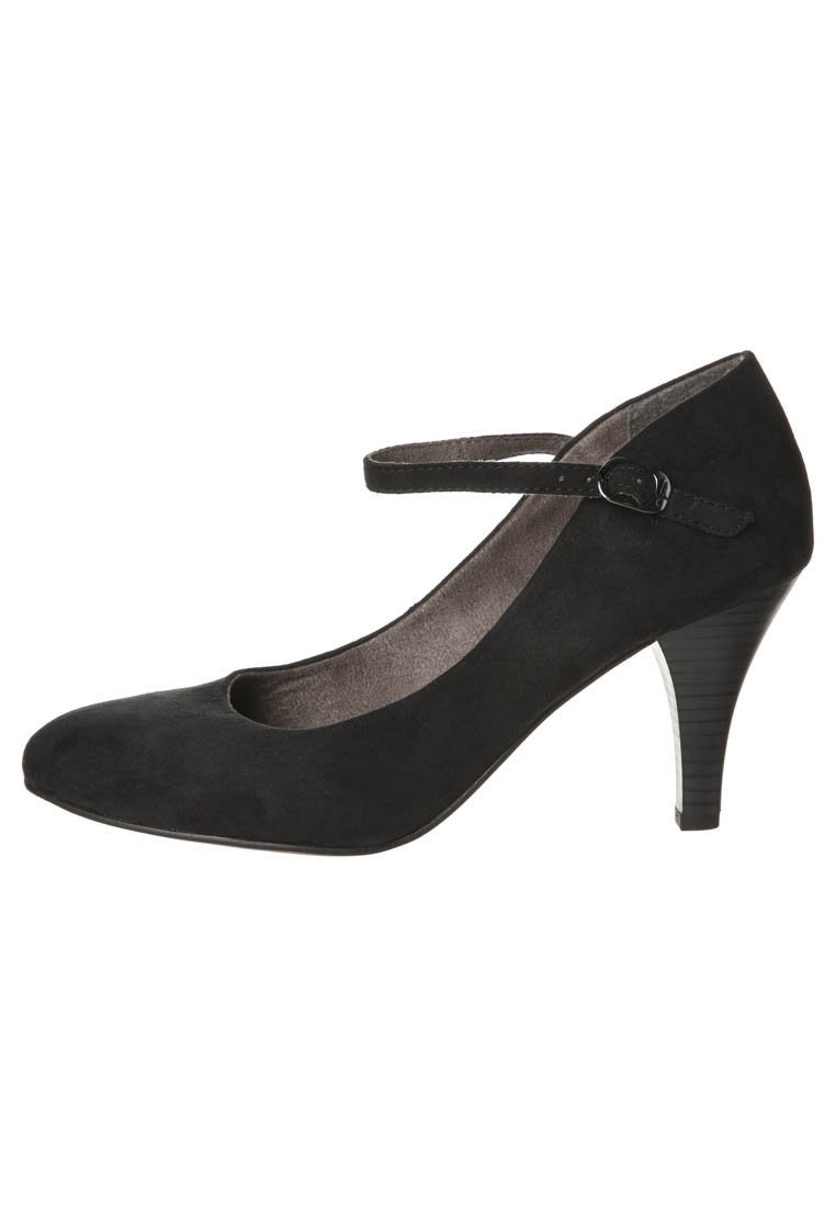 Zapato de tacón negro de ante con punta redonda, tiras delgadas a lo largo del empeine y un tacón cónico de 3 pulgadas. Textura lisa y sin patrones visibles.