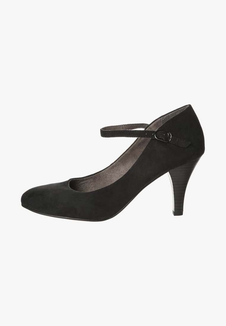Black suede pump shoe with a rounded toe, thin strap across the instep, and a 3-inch tapered heel. Smooth texture and no visible patterns.